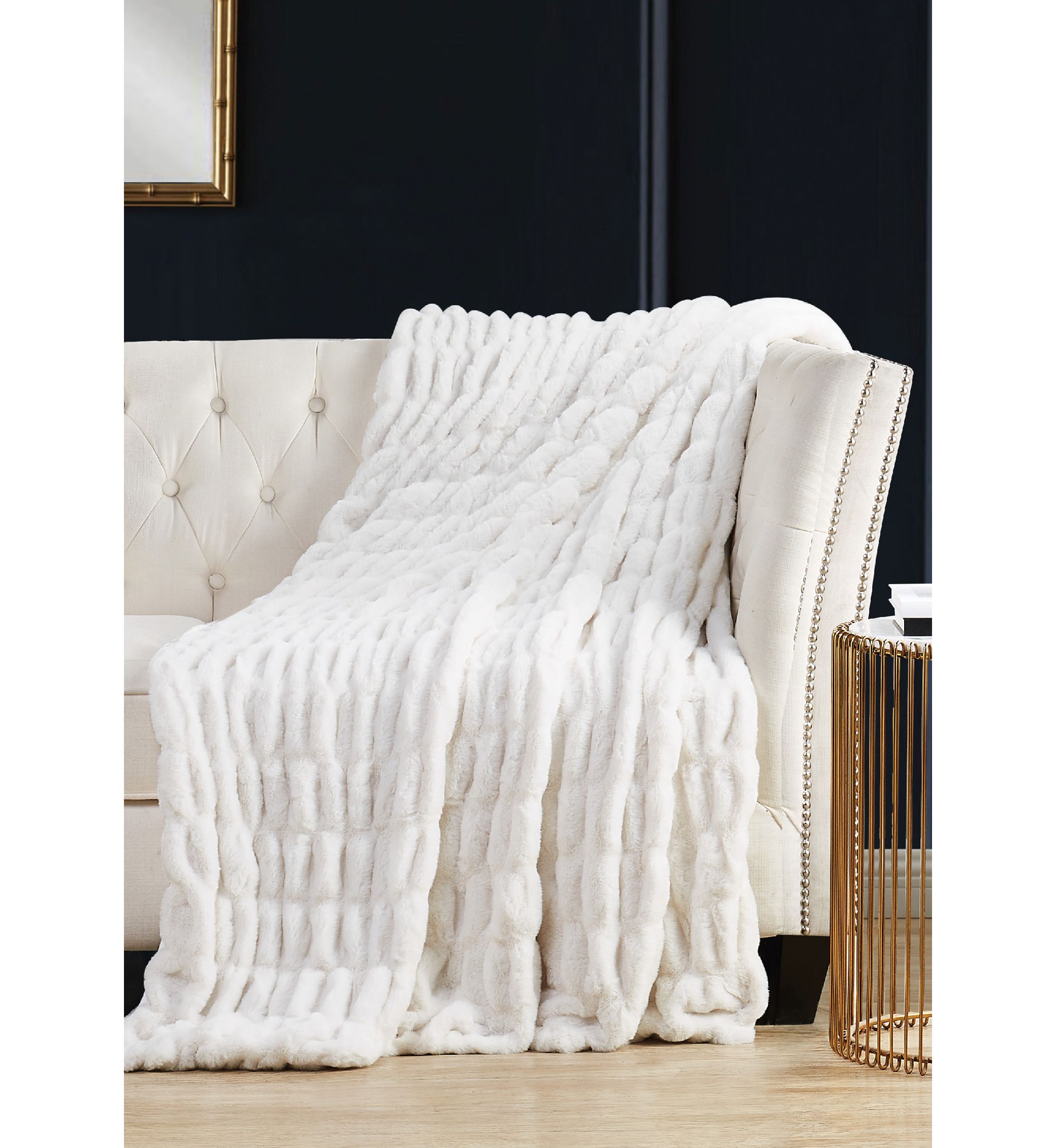 Ruched Faux Rabbit Fur Throw Blanket
