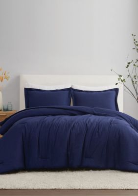 Brooklyn Loom Solid 100% Linen Comforter Set, Navy Blue, Full/Queen