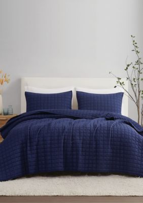 Brooklyn Loom Solid 100% Linen Quilt Set, Navy Blue, Full/Queen