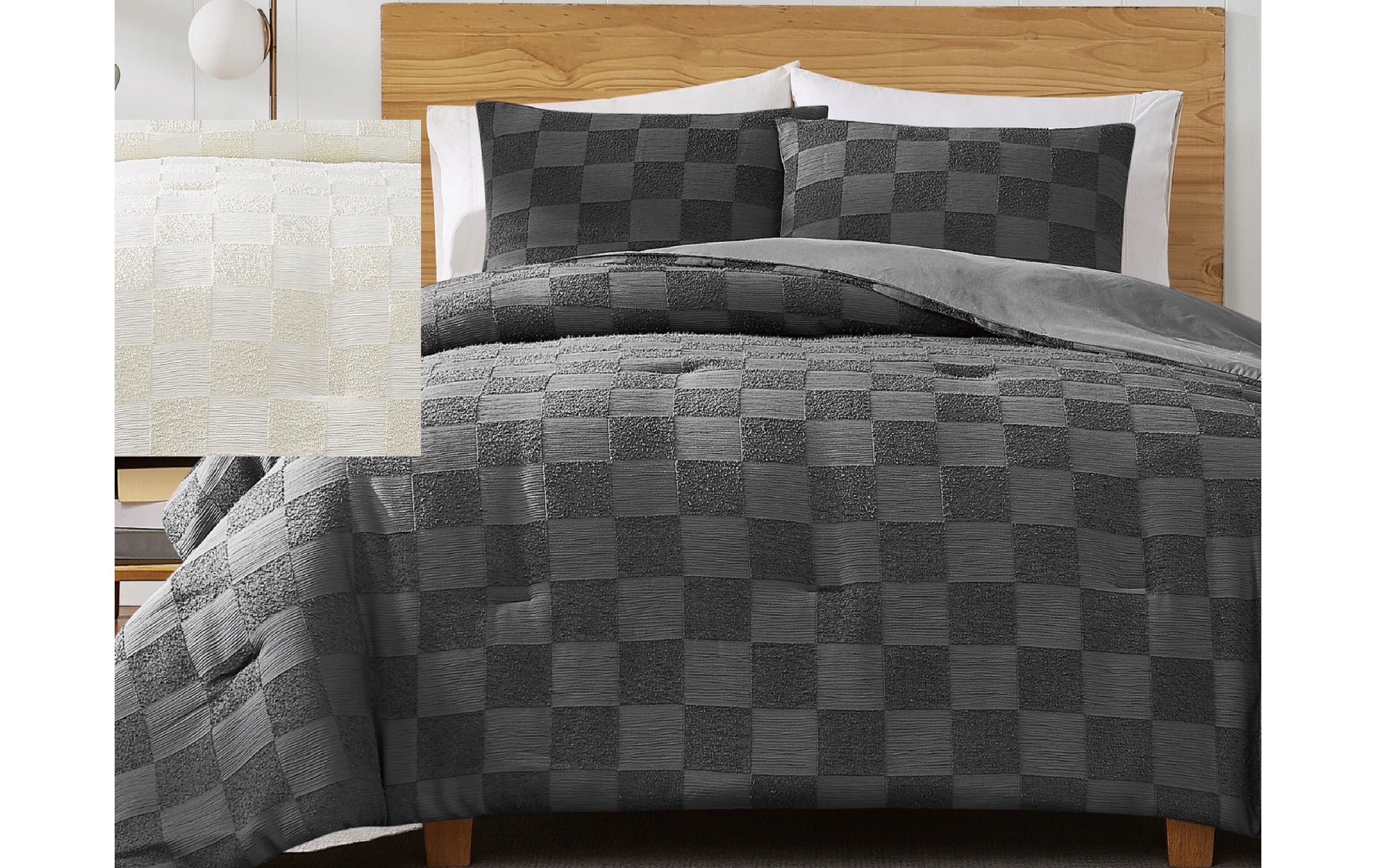 Truly Soft Textured Checkered Cream King 3 Piece Comforter Set