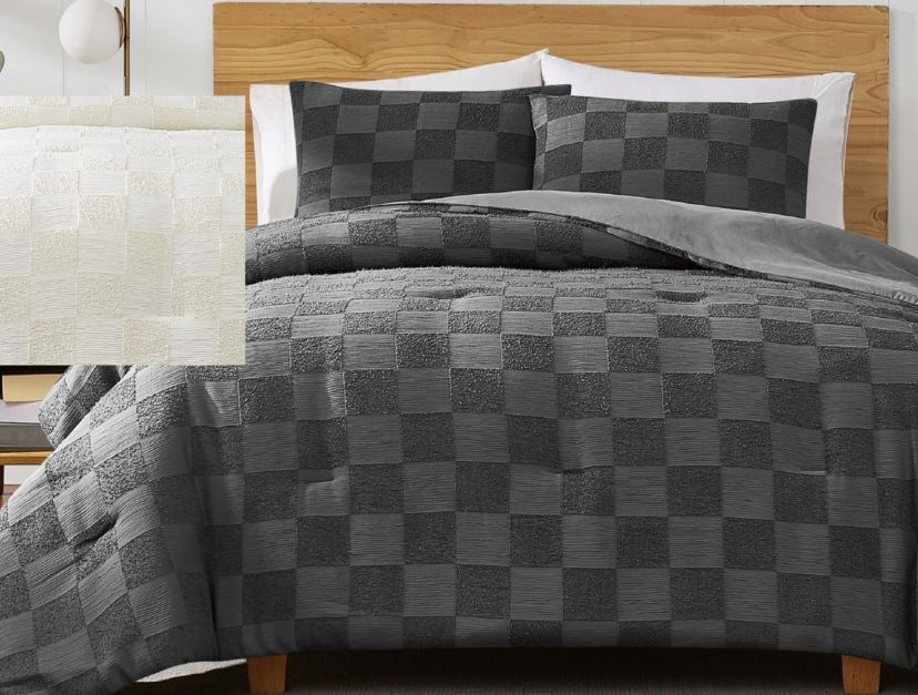 Truly Soft Textured Checkered Cream King 3 Piece Comforter Set
