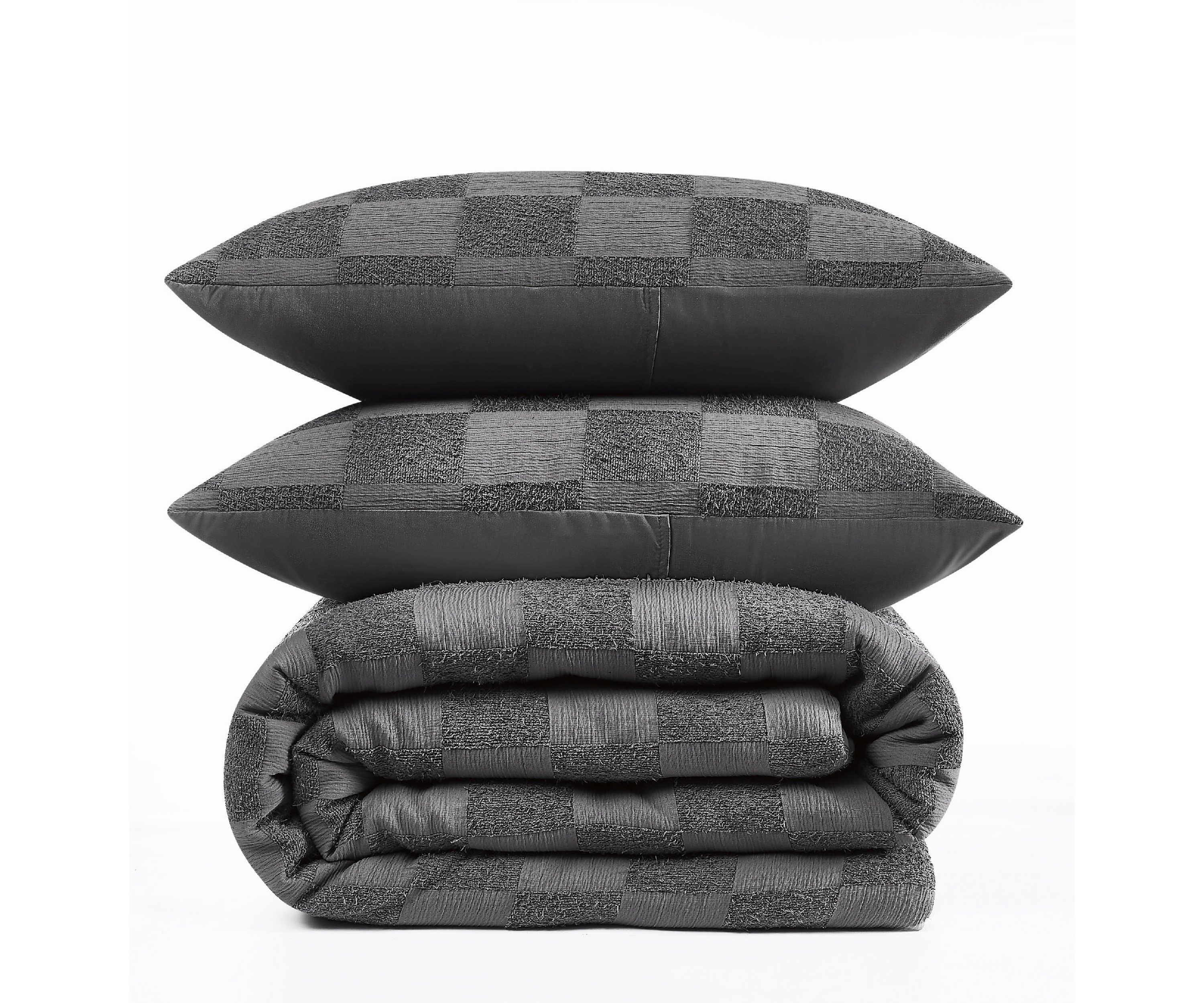 Truly Soft Textured Checkered Grey King 3 Piece Duvet Set