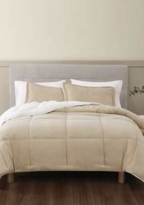 Truly Soft Basket Carved Faux Fur Indigo King 3 Piece Comforter Set, Tan, Twin XL