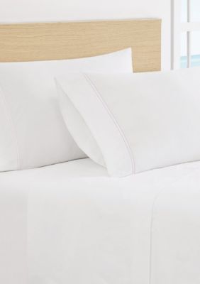American Traditions Scout Pick Stitch 100% Cotton Percale White with Pink Lemonade Standard Pillowcase Pair, Navy Blue, King