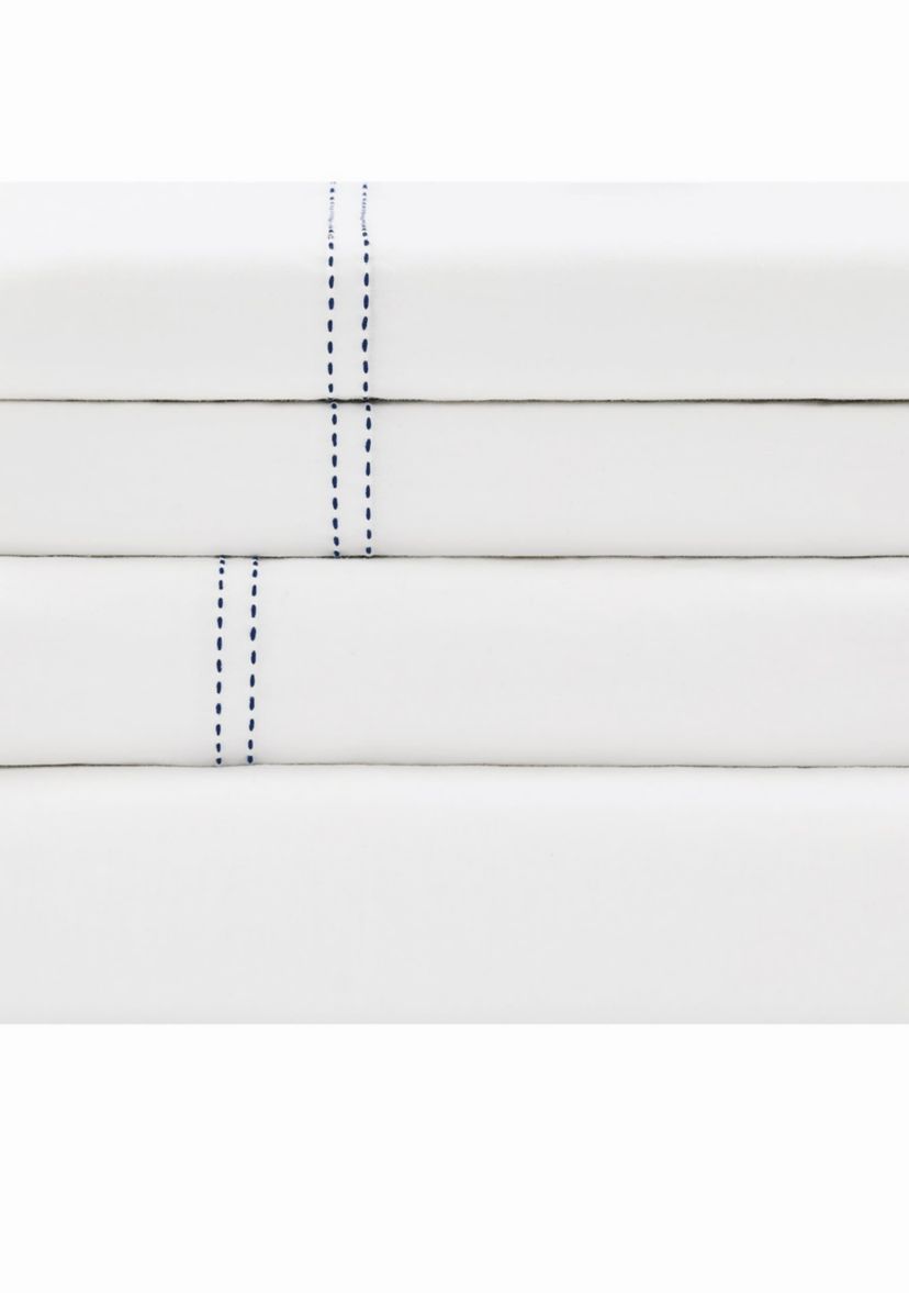 Scout Pick Stitch 100% Cotton Percale White with Seafoam Split King Sheet Set