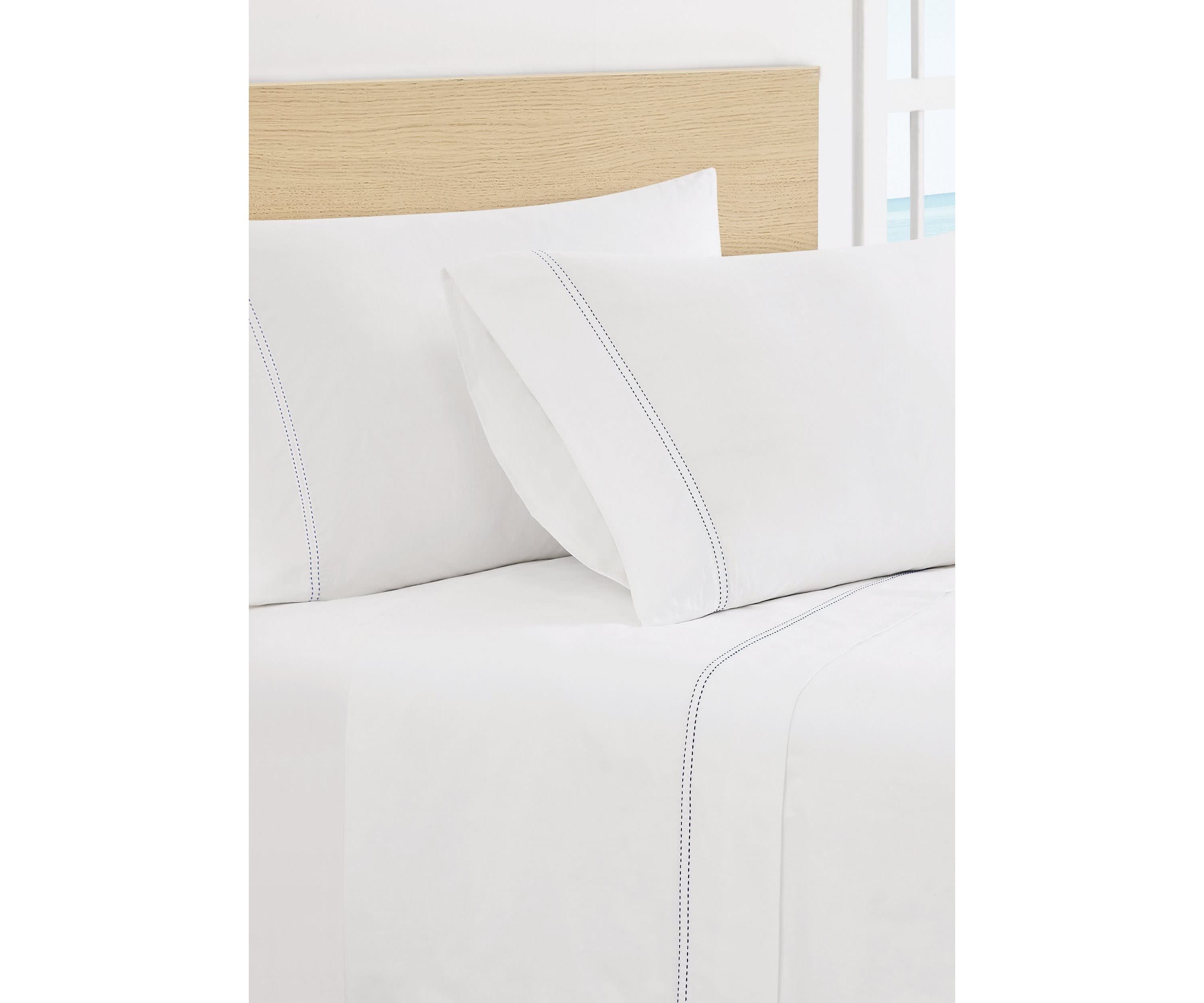Scout Pick Stitch 100% Cotton Percale White with Seafoam Split King Sheet Set