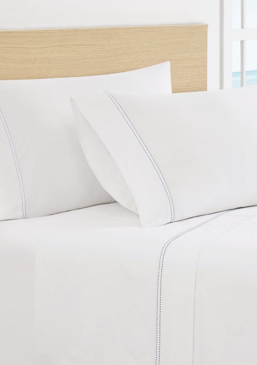 Scout Pick Stitch 100% Cotton Percale White with Seafoam Split King Sheet Set