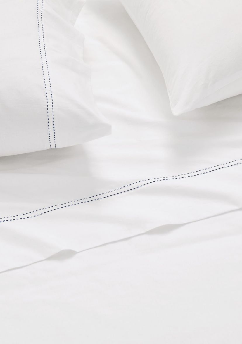 Scout Pick Stitch 100% Cotton Percale White with Seafoam Split King Sheet Set