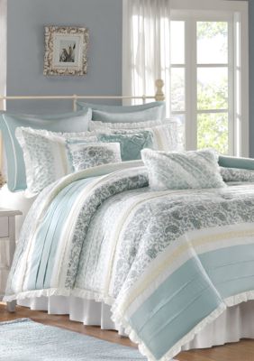 Madison Park Dawn Cotton Paisley Print Cottage 9 Piece Comforter Set, Blue, King