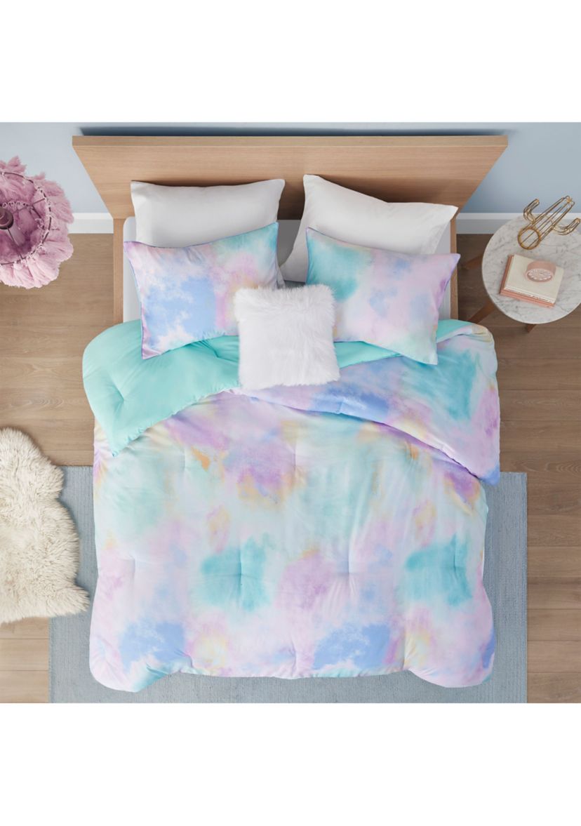 Cassiopeia Watercolor Tie Dye Printed Comforter Set with Throw Pillow