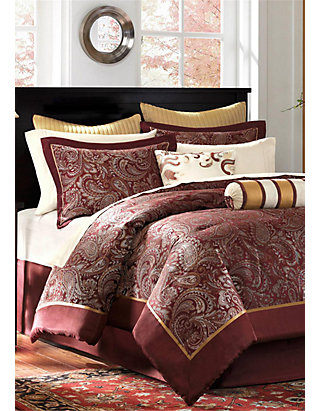 Queen King Cal.King Size 8 Piece WISTERIA Branches Jacquard Comforter Set Burgundy King