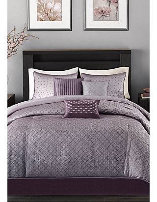 Beautiful Purple Grey Blue Jacquard Sequins  Comforter 7 pcs Set Cal King Queen 