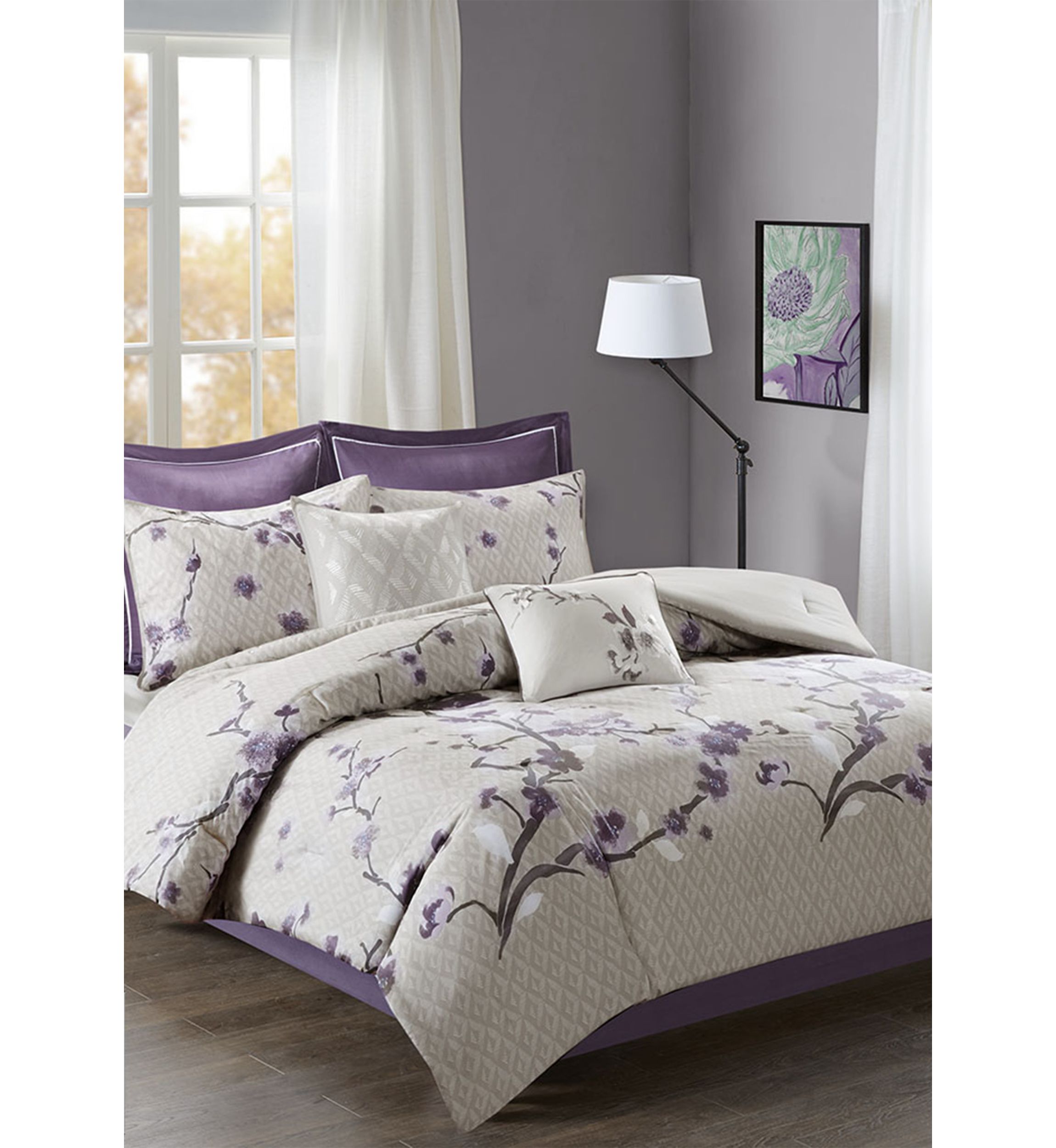 Madison Park Holly 8 Piece Cotton Comforter Set- Purple 