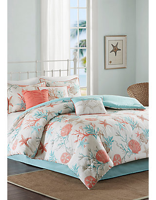 Coral Beach Coast Pillow Sham with Blue Border Bedroom Decor for Beach Lovers