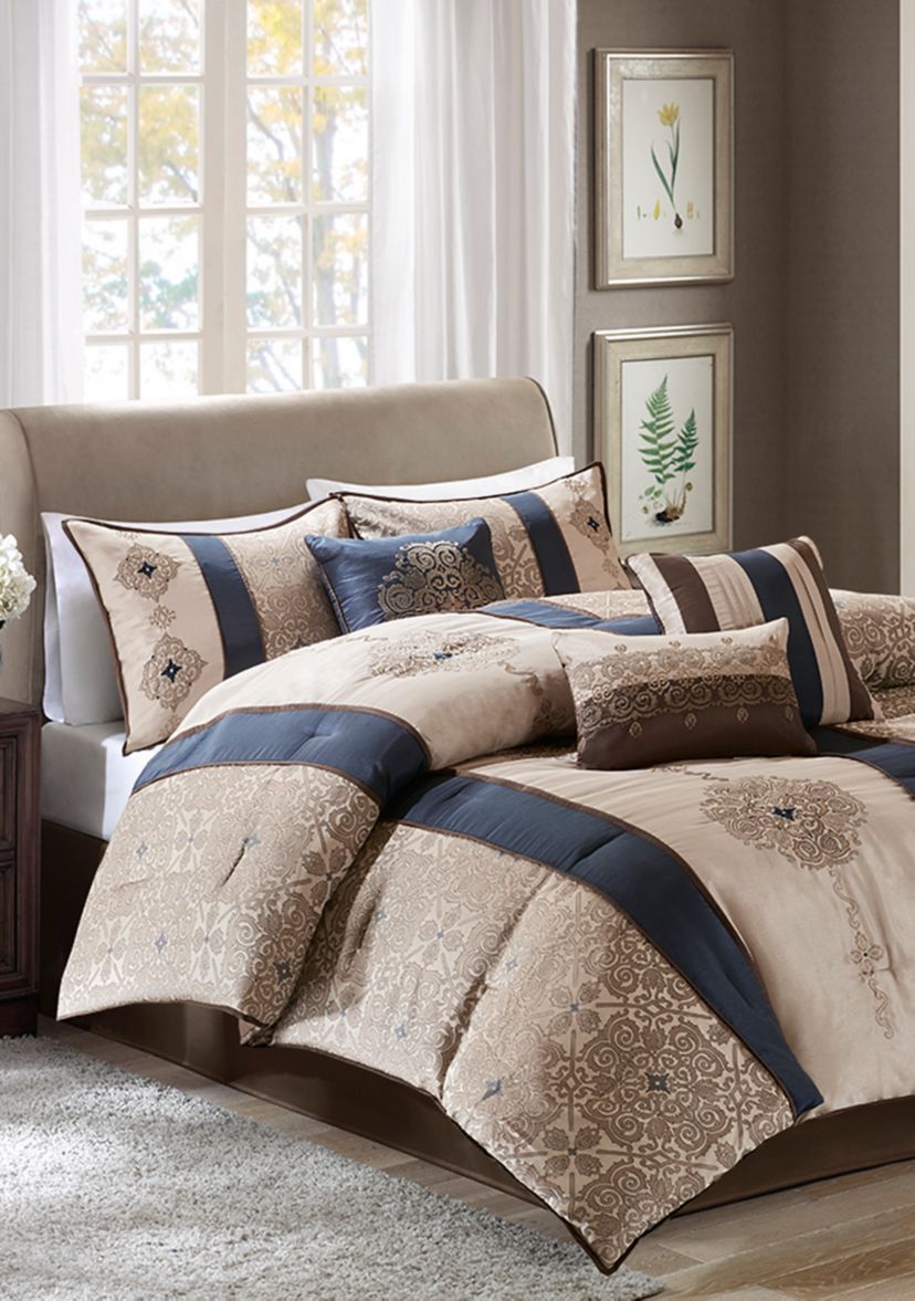 Donovan	7-Piece Jacquard Comforter Set- Navy 