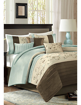 Madison Park Serene Embroidered 7 Piece, Chocolate Brown And Light Blue Bedding