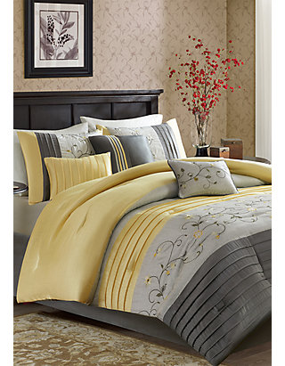 Serene Embroidered 7 Piece Yellow, Grey And Yellow King Size Bedding