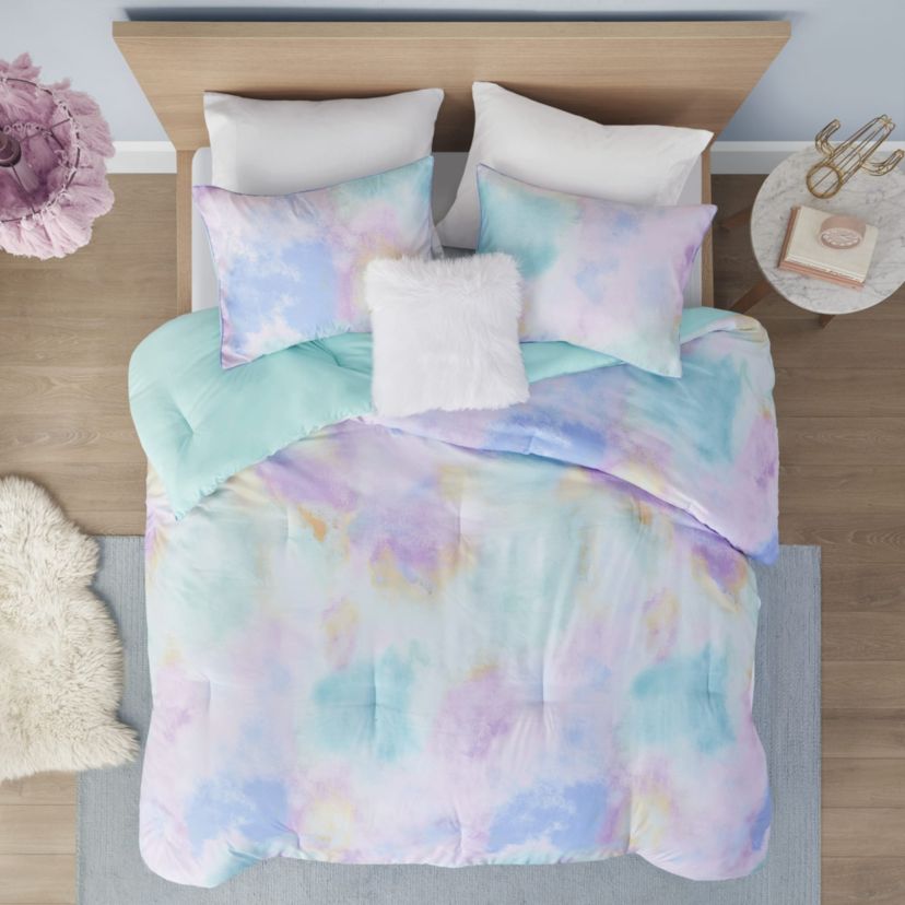 Cassiopeia Watercolor Tie Dye Printed Comforter Set with Throw Pillow