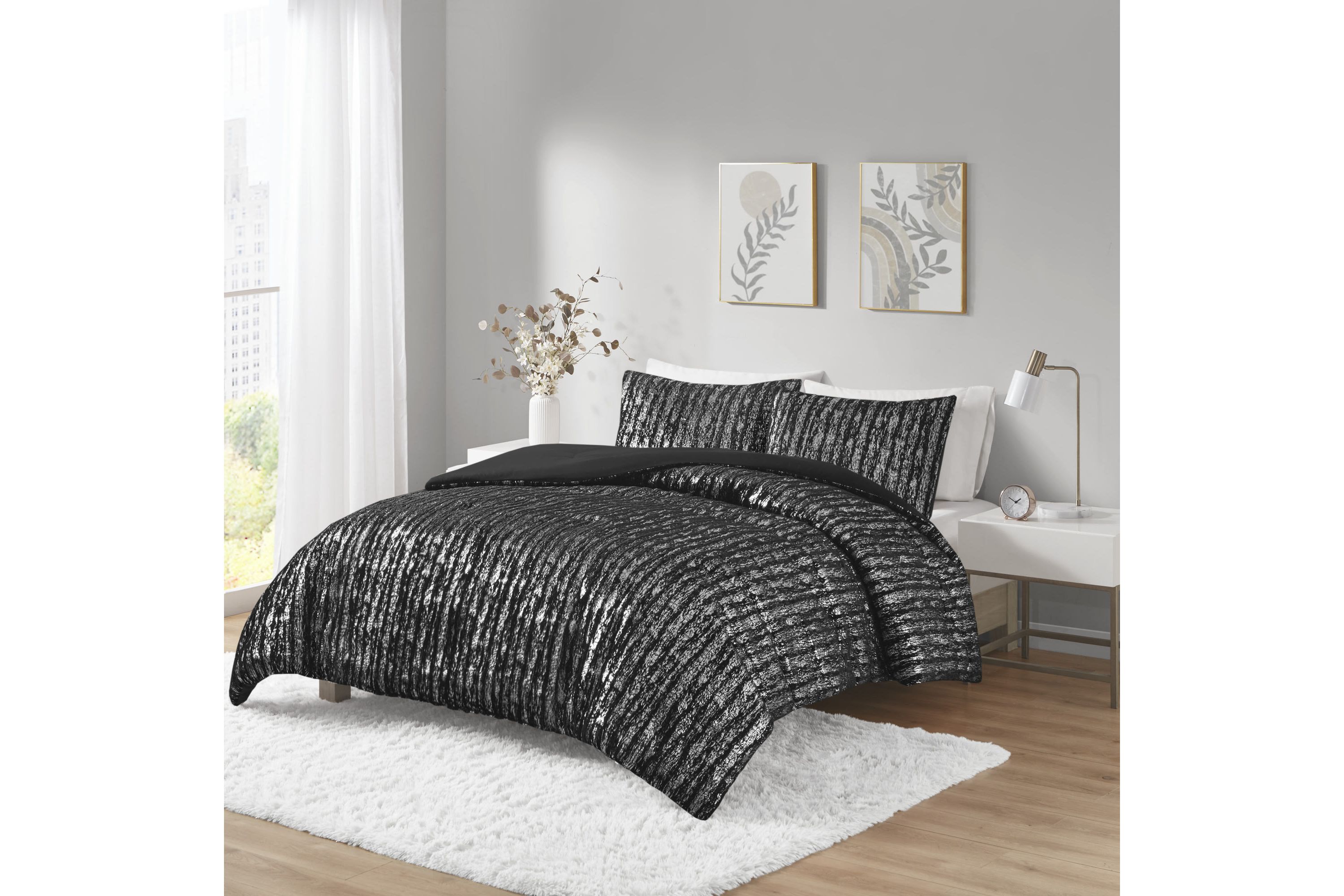 Naomi Metallic Print Faux Fur Comforter Set