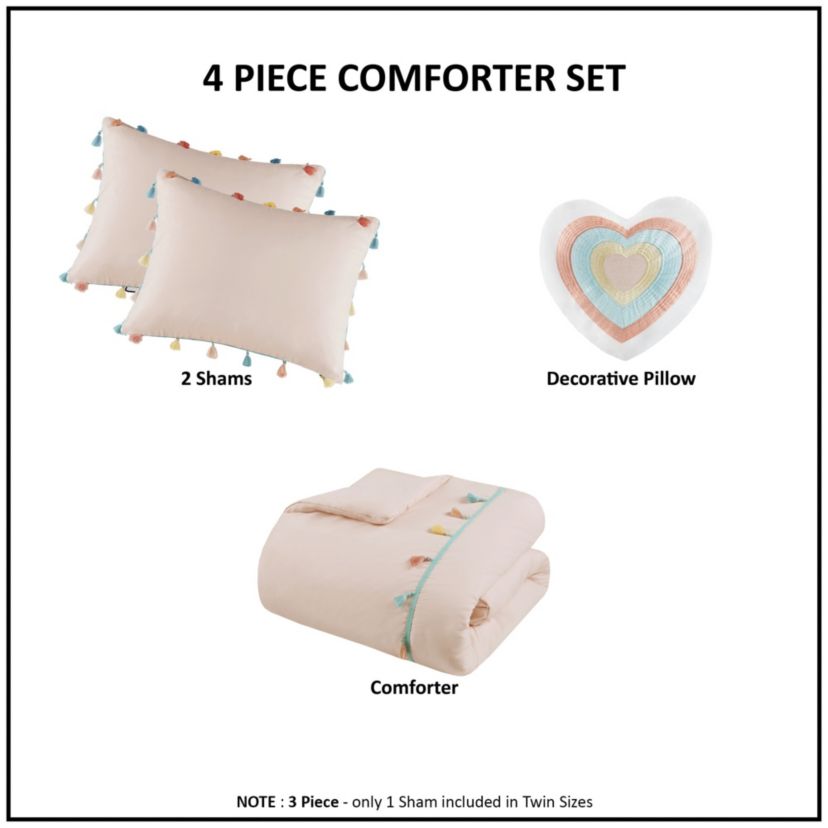 Tassel Comforter Set with Heart Shaped Throw Pillow