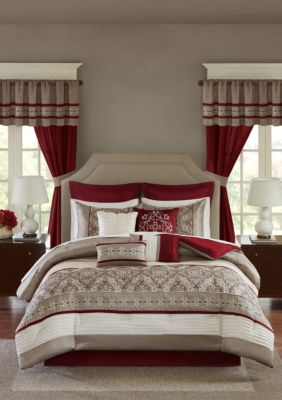 1pc comforter, 1 bed skirt, 2 shams, 2 euro shams, 1 square dec pillow, 3 dec pillow, 1 solid flat sheet, 1 solid fitted sheet, 2 pillow cases, 4. madison park essentials jelena 24 piece complete comforter set red