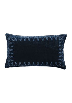 HiEnd Accents Stella Faux Silk Velvet Embroidered Lumbar Pillow, Blue