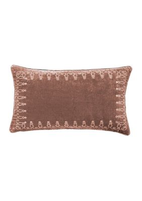 HiEnd Accents Stella Faux Silk Velvet Embroidered Lumbar Pillow, Dusty Rose