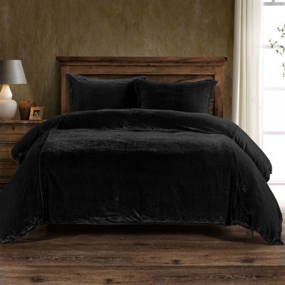 HiEnd Accents Stella Faux Silk Velvet Romantic Western 3 Piece Duvet Cover Set, Black, Queen