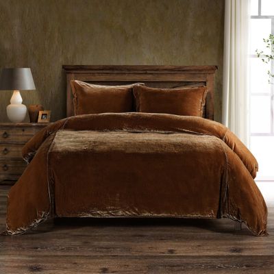HiEnd Accents Stella Faux Silk Velvet Romantic Western 3 Piece Duvet Cover Set, Brown, King/California King