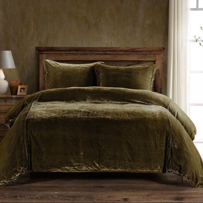 HiEnd Accents Stella Faux Silk Velvet Romantic Western 3 Piece Duvet Cover Set, Green, Queen