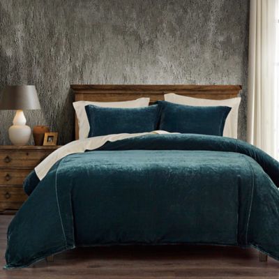 HiEnd Accents Stella Faux Silk Velvet Romantic Western 3 Piece Duvet Cover Set, Blue, King/California King
