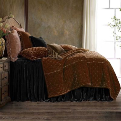 HiEnd Accents Stella Faux Silk Velvet Ruffle Skirt Bedspread Set with Pillow Shams, Black, Queen