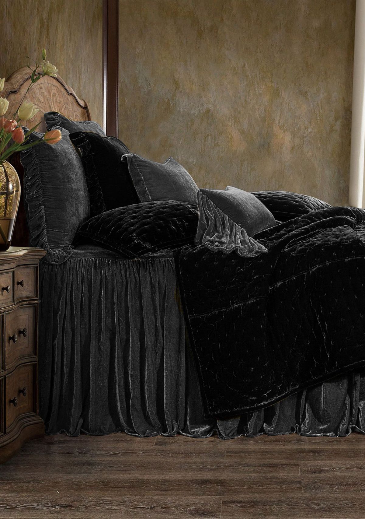 HiEnd Accents Stella Faux Silk Velvet Ruffle Skirt Bedspread Set with Pillow Shams, 3PC
