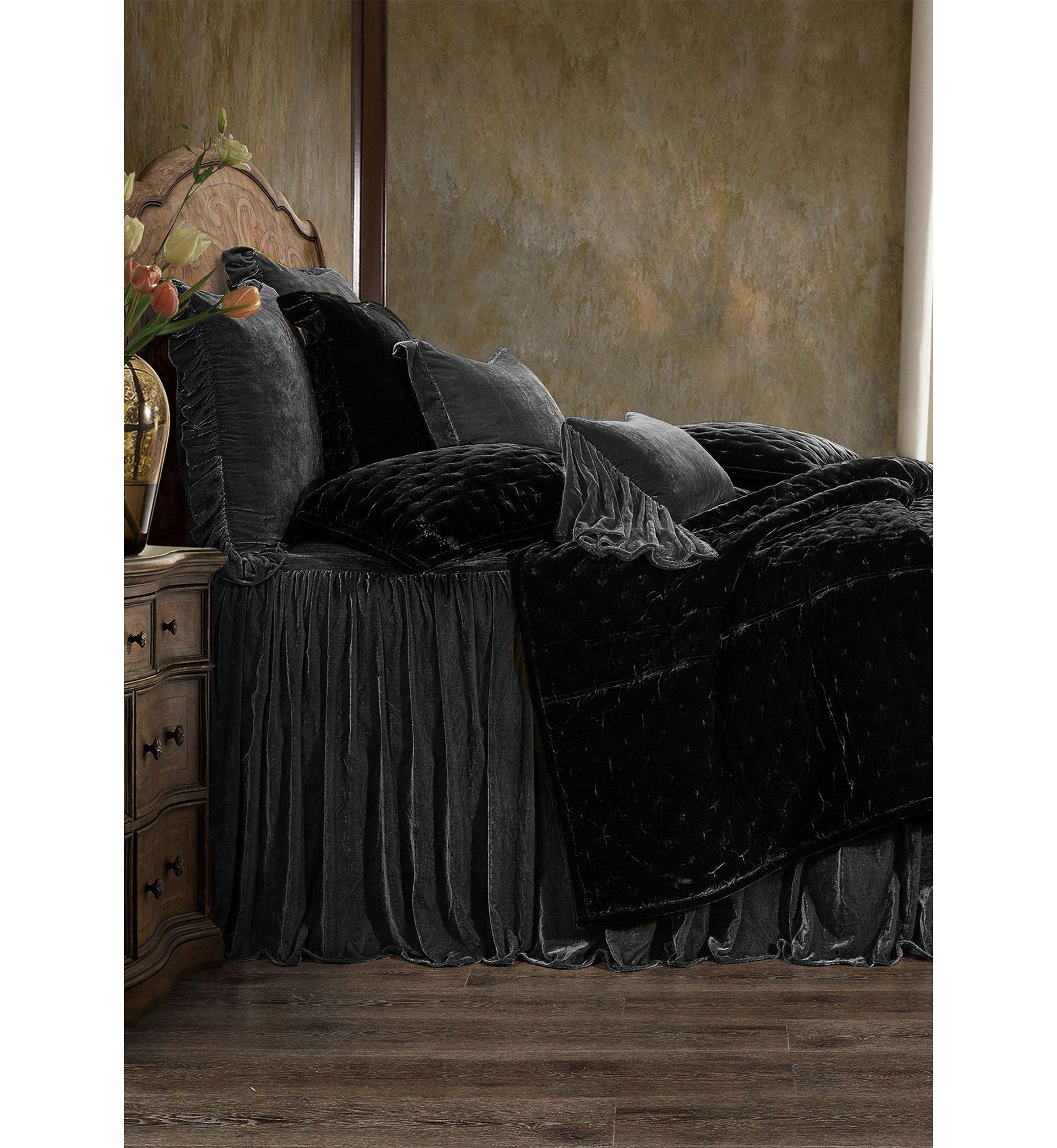 HiEnd Accents Stella Faux Silk Velvet Ruffle Skirt Bedspread Set with Pillow Shams, 3PC