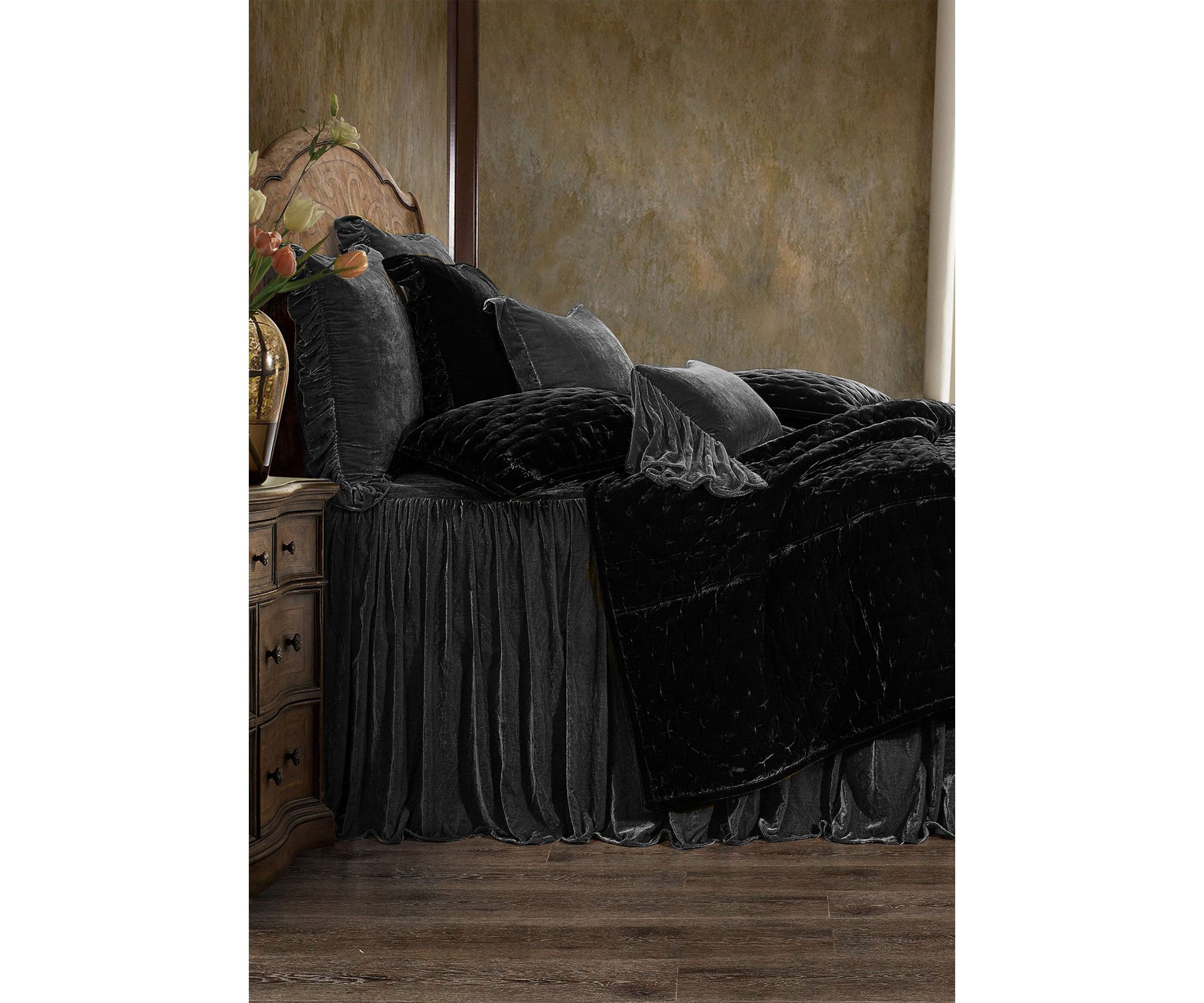 HiEnd Accents Stella Faux Silk Velvet Ruffle Skirt Bedspread Set with Pillow Shams, 3PC