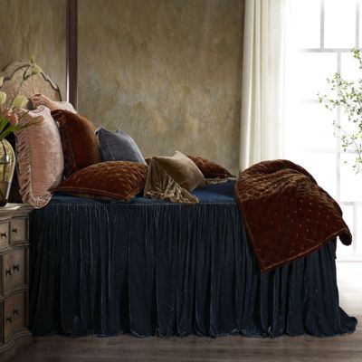 HiEnd Accents Stella Faux Silk Velvet Ruffle Skirt Bedspread Set with Pillow Shams, Blue, Queen
