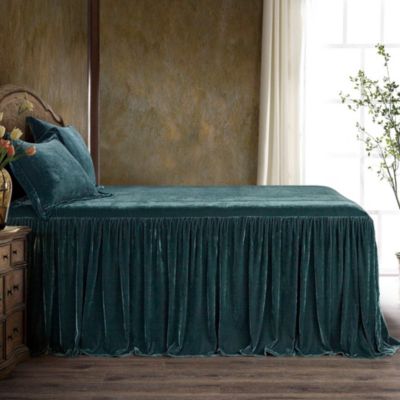 HiEnd Accents Stella Faux Silk Velvet Ruffle Skirt Bedspread Set with Pillow Shams, Blue, King/California King