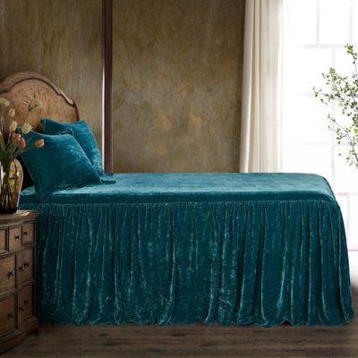 HiEnd Accents Stella Faux Silk Velvet Ruffle Skirt Bedspread Set with Pillow Shams, Teal, King/California King