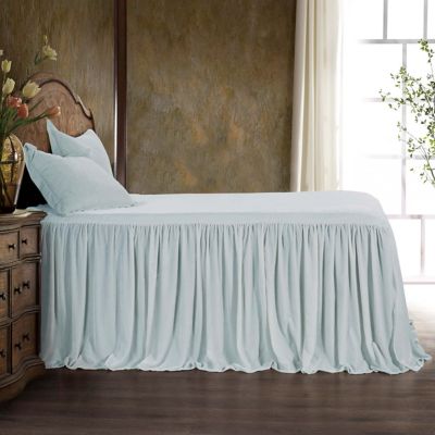 HiEnd Accents Stella Faux Silk Velvet Ruffle Skirt Bedspread Set with Pillow Shams, Blue, King/California King