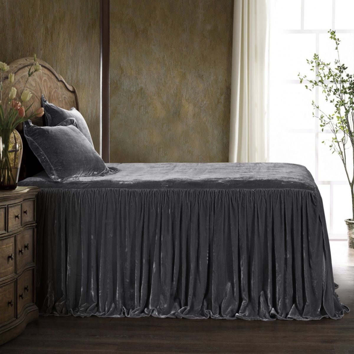 HiEnd Accents Stella Faux Silk Velvet Ruffle Skirt Bedspread Set with Pillow Shams, 3PC