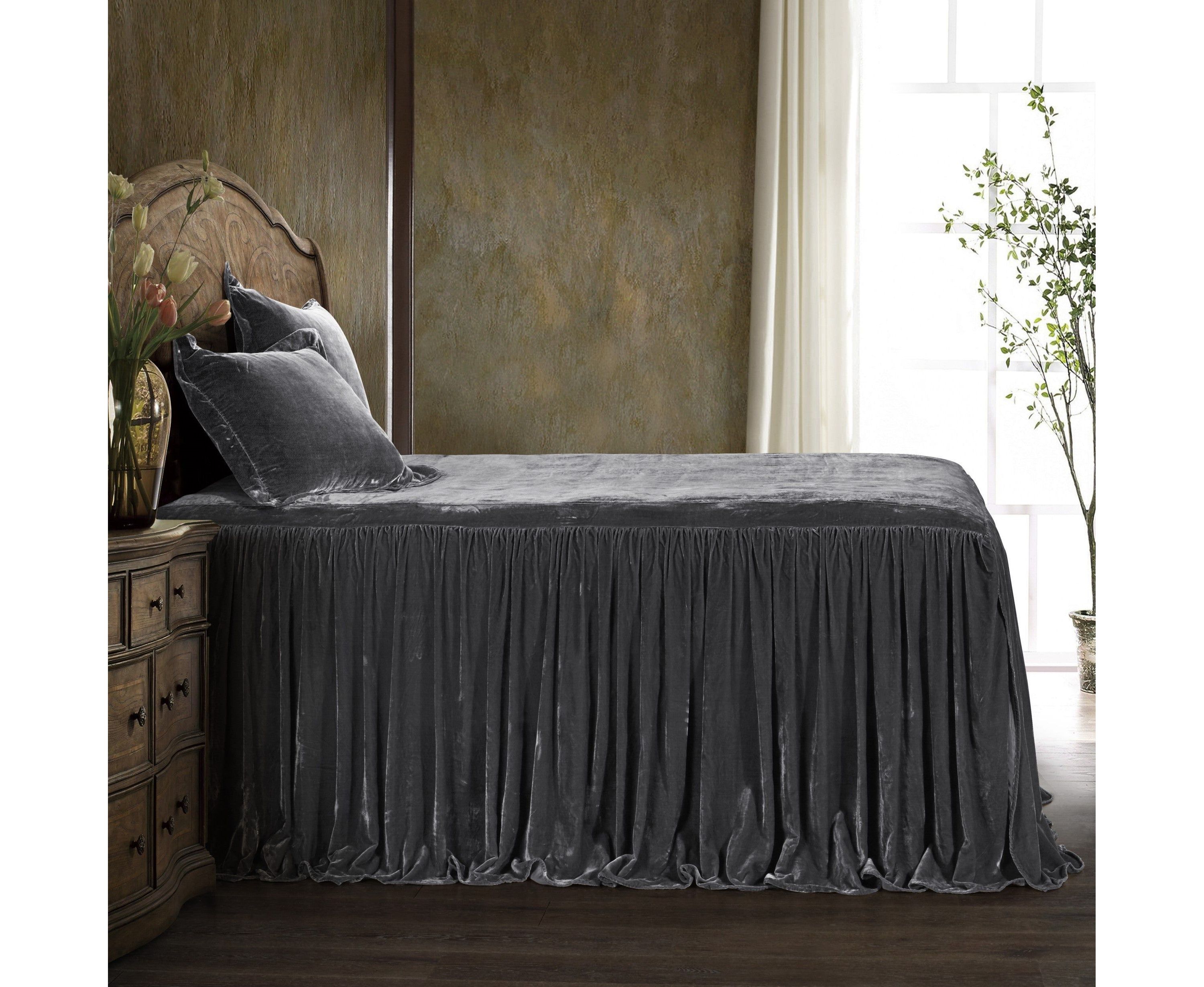 HiEnd Accents Stella Faux Silk Velvet Ruffle Skirt Bedspread Set with Pillow Shams, 3PC