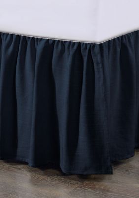 HiEnd Accents Lily Washed Linen Gathered Bed Skirt, Navy Blue, Queen
