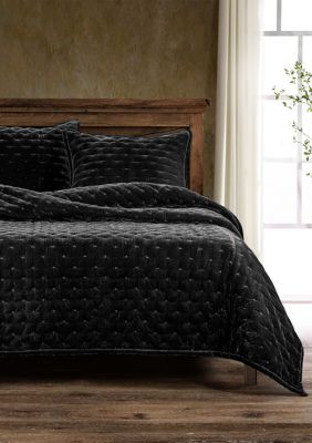 HiEnd Accents Stella Solid Color Faux Silk Velvet Romantic Modern Rustic 3 Piece Quilt Set with Pillow Shams, Black, Queen