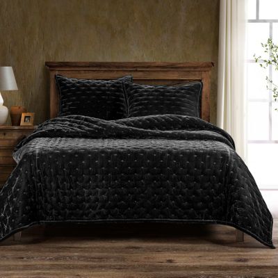 HiEnd Accents Stella Solid Color Faux Silk Velvet Romantic Modern Rustic 3 Piece Quilt Set with Pillow Shams, Black, Twin