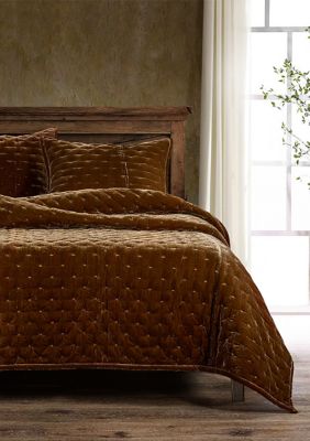 HiEnd Accents Stella Solid Color Faux Silk Velvet Romantic Modern Rustic 3 Piece Quilt Set with Pillow Shams, Brown, King/California King