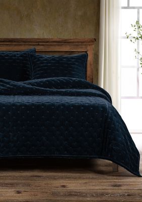 HiEnd Accents Stella Solid Color Faux Silk Velvet Romantic Modern Rustic 3 Piece Quilt Set with Pillow Shams, Blue, Queen