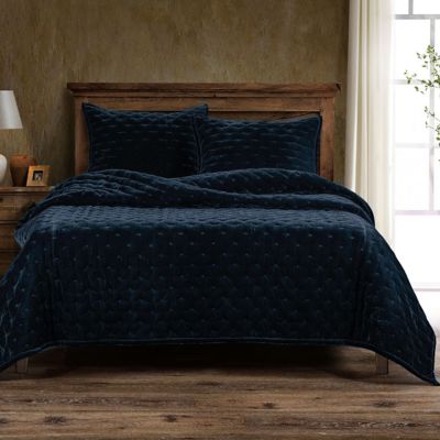 HiEnd Accents Stella Solid Color Faux Silk Velvet Romantic Modern Rustic 3 Piece Quilt Set with Pillow Shams, Blue, Twin