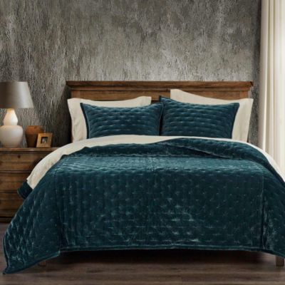 HiEnd Accents Stella Solid Color Faux Silk Velvet Romantic Modern Rustic 3 Piece Quilt Set with Pillow Shams, Blue, Queen