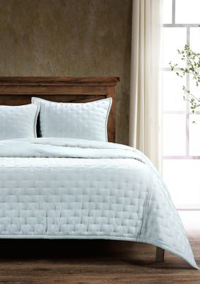 HiEnd Accents Stella Solid Color Faux Silk Velvet Romantic Modern Rustic 3 Piece Quilt Set with Pillow Shams, Blue, Twin