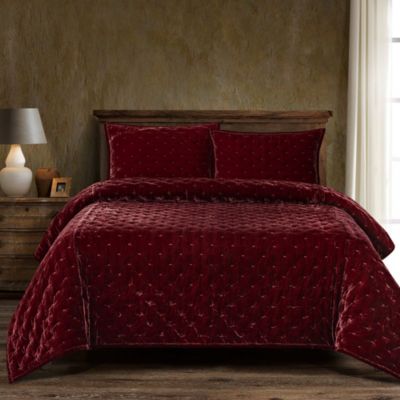 HiEnd Accents Stella Solid Color Faux Silk Velvet Romantic Modern Rustic 3 Piece Quilt Set with Pillow Shams, Red, Queen